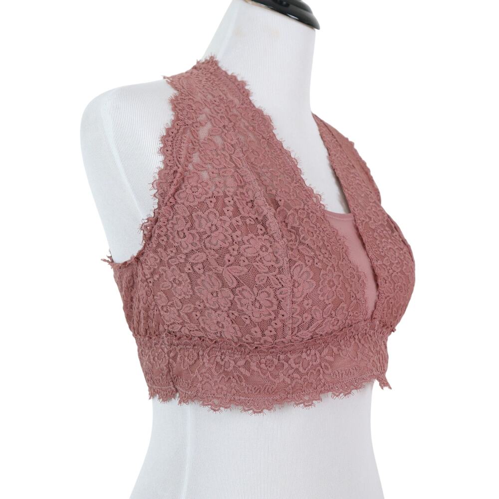 Aerie Size XL Eyelash Lace Lightly Padded Plunge Bralette Dusty Pink - Picture 3 of 10